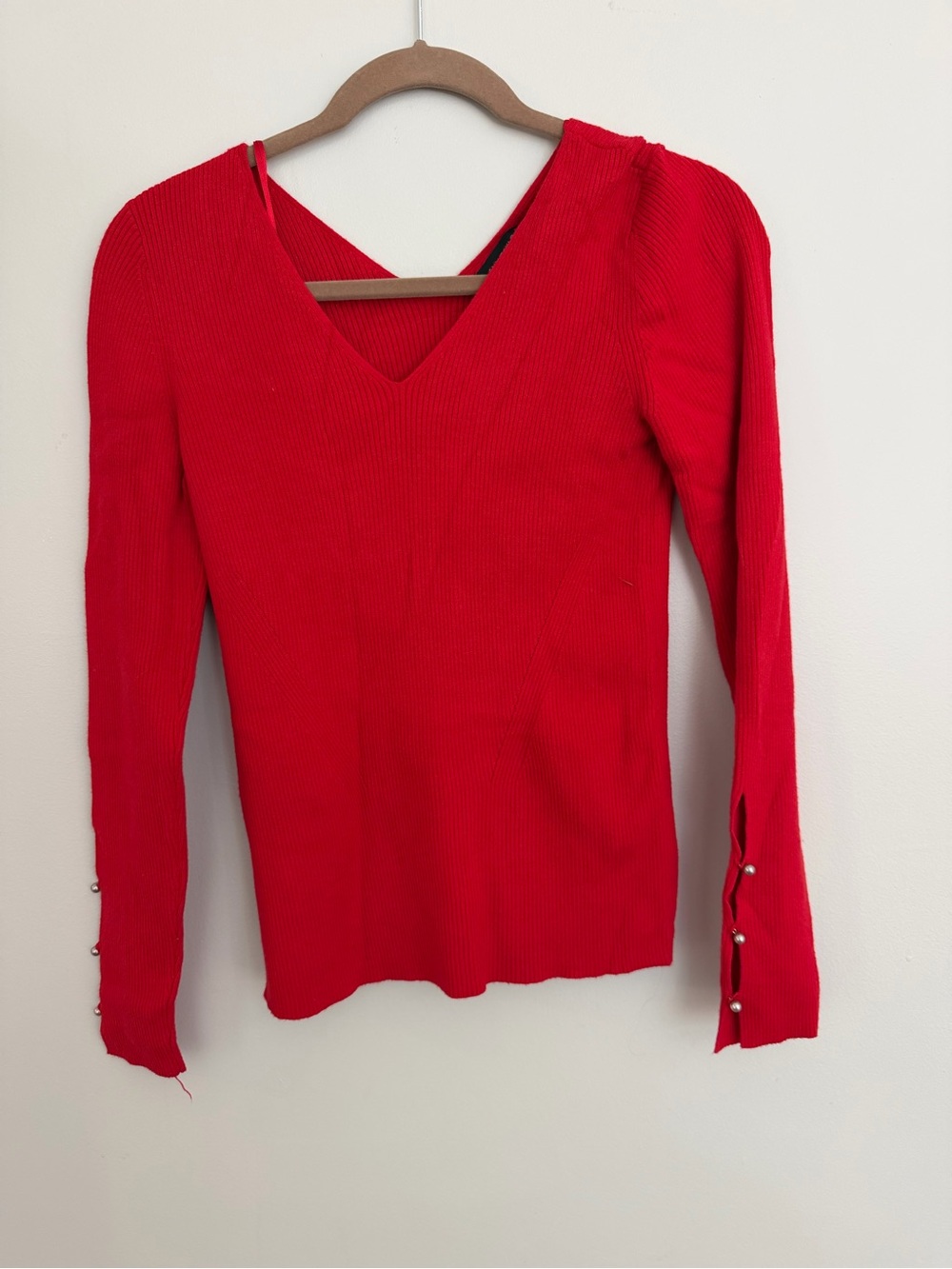 Ann Taylor Red Ribbed V-Neck Long-Sleeve Top with Pearl Cuff Buttons